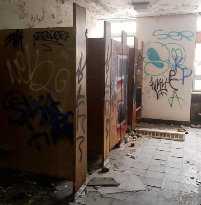 abandoned school bathroom